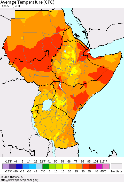 Eastern Africa Average Temperature (CPC) Thematic Map For 4/5/2021 - 4/11/2021
