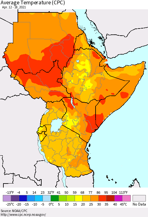 Eastern Africa Average Temperature (CPC) Thematic Map For 4/12/2021 - 4/18/2021