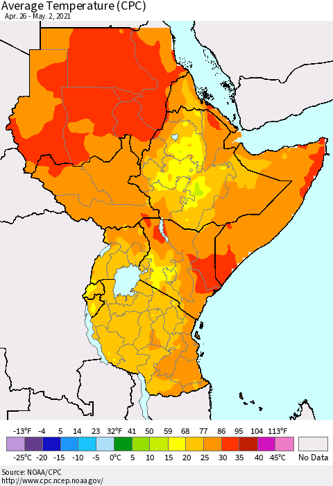 Eastern Africa Average Temperature (CPC) Thematic Map For 4/26/2021 - 5/2/2021