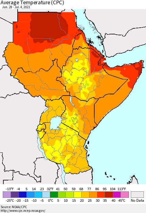 Eastern Africa Average Temperature (CPC) Thematic Map For 6/28/2021 - 7/4/2021
