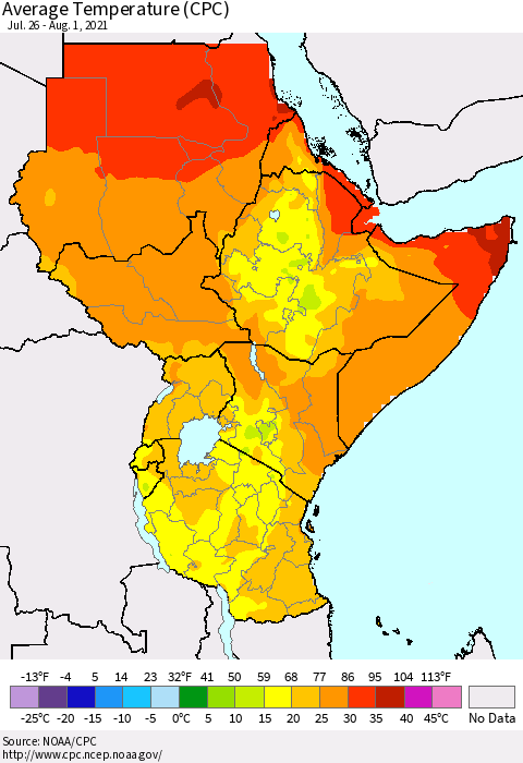 Eastern Africa Average Temperature (CPC) Thematic Map For 7/26/2021 - 8/1/2021