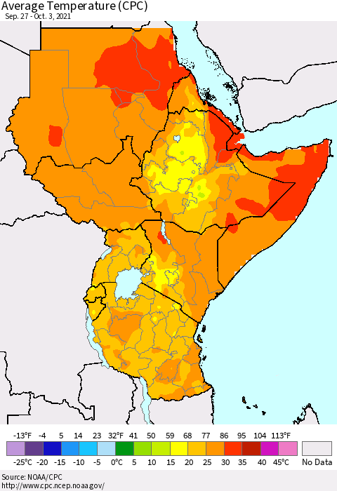 Eastern Africa Average Temperature (CPC) Thematic Map For 9/27/2021 - 10/3/2021