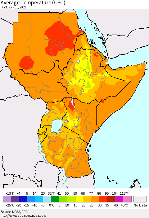 Eastern Africa Average Temperature (CPC) Thematic Map For 10/25/2021 - 10/31/2021