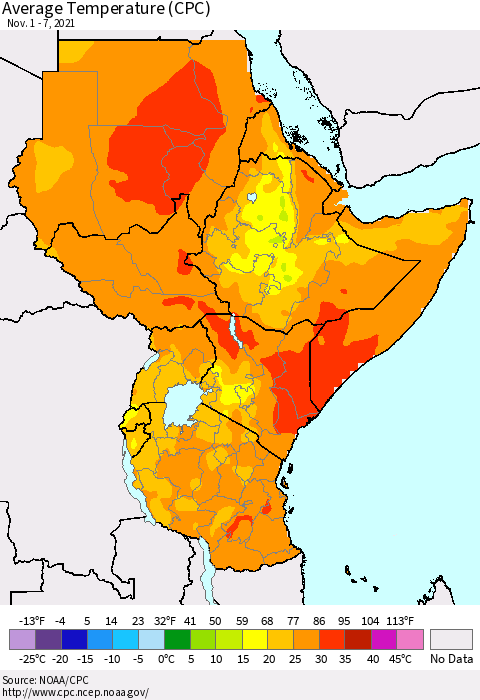 Eastern Africa Average Temperature (CPC) Thematic Map For 11/1/2021 - 11/7/2021