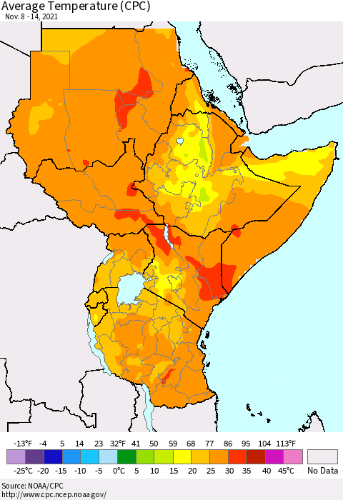 Eastern Africa Average Temperature (CPC) Thematic Map For 11/8/2021 - 11/14/2021