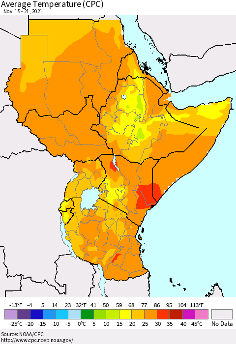 Eastern Africa Average Temperature (CPC) Thematic Map For 11/15/2021 - 11/21/2021