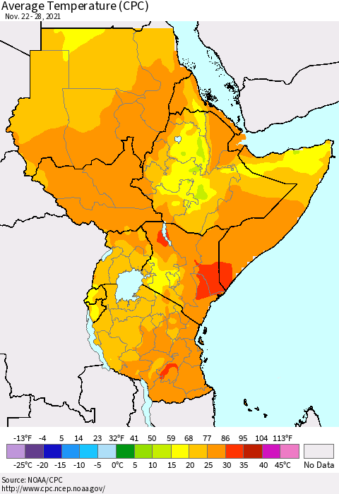 Eastern Africa Average Temperature (CPC) Thematic Map For 11/22/2021 - 11/28/2021
