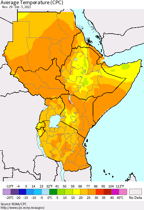 Eastern Africa Average Temperature (CPC) Thematic Map For 11/29/2021 - 12/5/2021