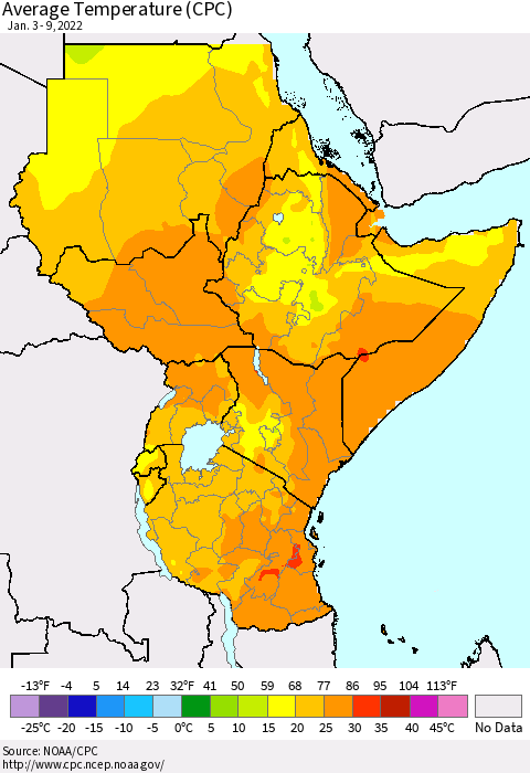 Eastern Africa Average Temperature (CPC) Thematic Map For 1/3/2022 - 1/9/2022