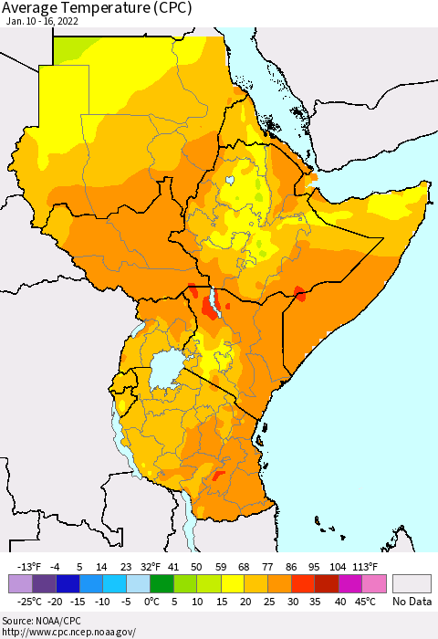 Eastern Africa Average Temperature (CPC) Thematic Map For 1/10/2022 - 1/16/2022