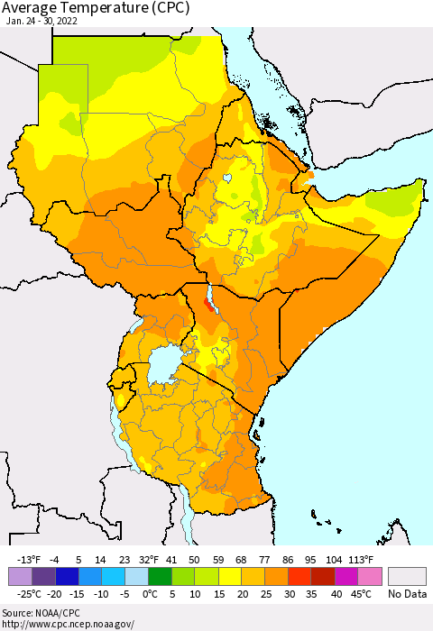 Eastern Africa Average Temperature (CPC) Thematic Map For 1/24/2022 - 1/30/2022