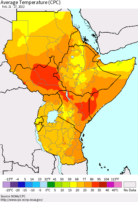 Eastern Africa Average Temperature (CPC) Thematic Map For 2/21/2022 - 2/27/2022