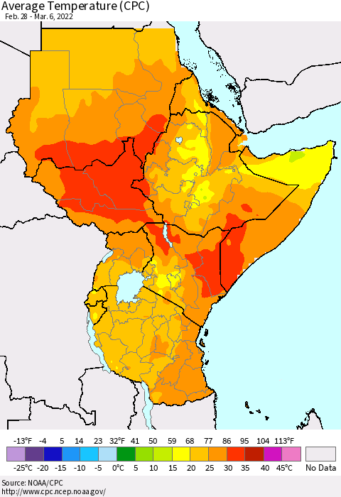 Eastern Africa Average Temperature (CPC) Thematic Map For 2/28/2022 - 3/6/2022