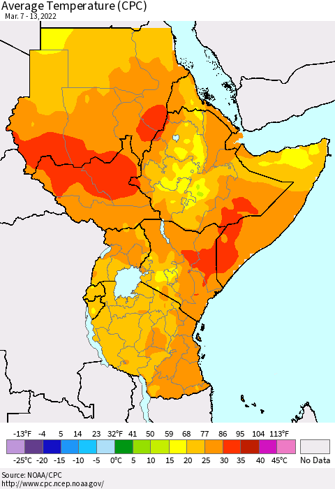 Eastern Africa Average Temperature (CPC) Thematic Map For 3/7/2022 - 3/13/2022