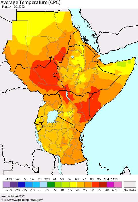Eastern Africa Average Temperature (CPC) Thematic Map For 3/14/2022 - 3/20/2022