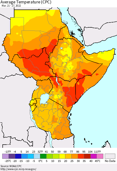 Eastern Africa Average Temperature (CPC) Thematic Map For 3/21/2022 - 3/27/2022