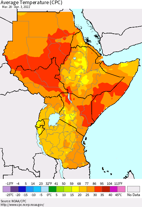 Eastern Africa Average Temperature (CPC) Thematic Map For 3/28/2022 - 4/3/2022