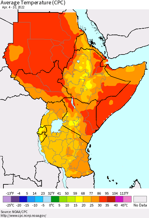 Eastern Africa Average Temperature (CPC) Thematic Map For 4/4/2022 - 4/10/2022