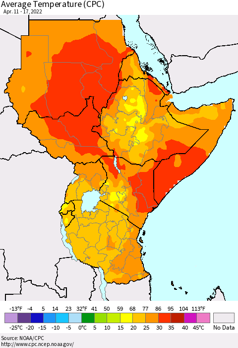 Eastern Africa Average Temperature (CPC) Thematic Map For 4/11/2022 - 4/17/2022