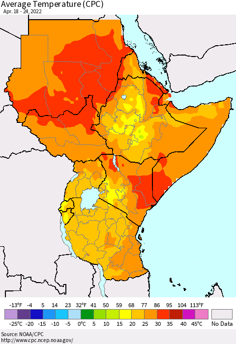 Eastern Africa Average Temperature (CPC) Thematic Map For 4/18/2022 - 4/24/2022
