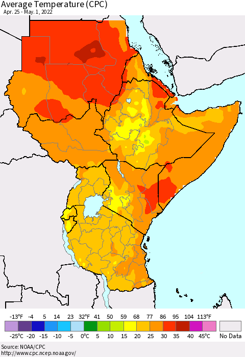 Eastern Africa Average Temperature (CPC) Thematic Map For 4/25/2022 - 5/1/2022