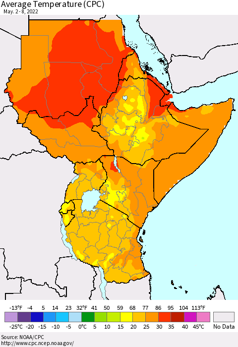 Eastern Africa Average Temperature (CPC) Thematic Map For 5/2/2022 - 5/8/2022