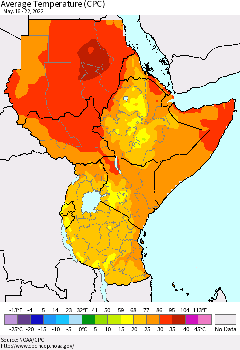 Eastern Africa Average Temperature (CPC) Thematic Map For 5/16/2022 - 5/22/2022