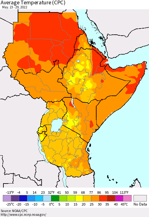Eastern Africa Average Temperature (CPC) Thematic Map For 5/23/2022 - 5/29/2022
