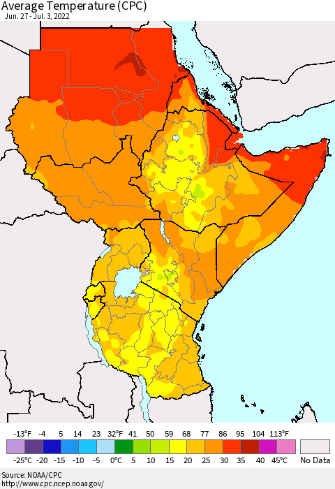 Eastern Africa Average Temperature (CPC) Thematic Map For 6/27/2022 - 7/3/2022