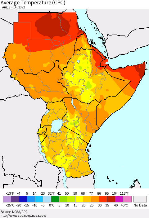 Eastern Africa Average Temperature (CPC) Thematic Map For 8/8/2022 - 8/14/2022