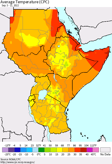 Eastern Africa Average Temperature (CPC) Thematic Map For 9/5/2022 - 9/11/2022