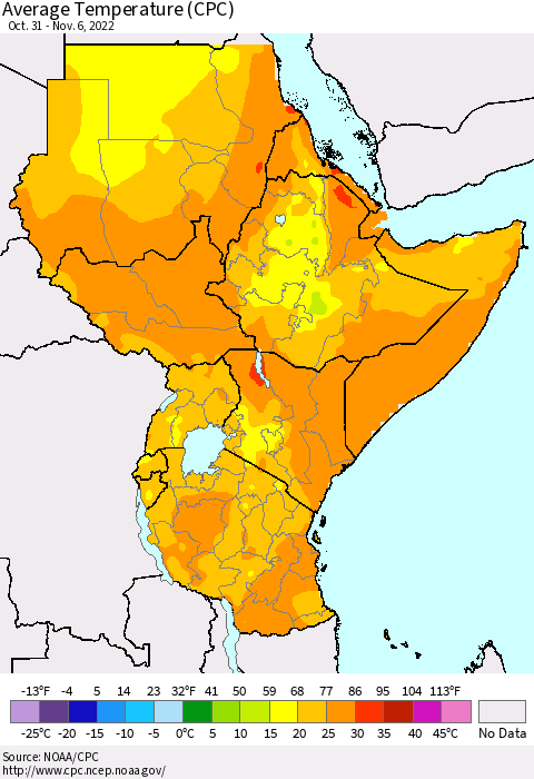 Eastern Africa Average Temperature (CPC) Thematic Map For 10/31/2022 - 11/6/2022