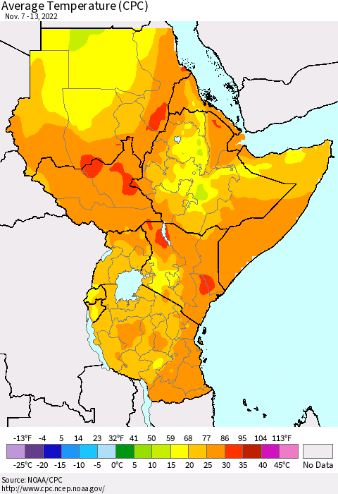 Eastern Africa Average Temperature (CPC) Thematic Map For 11/7/2022 - 11/13/2022