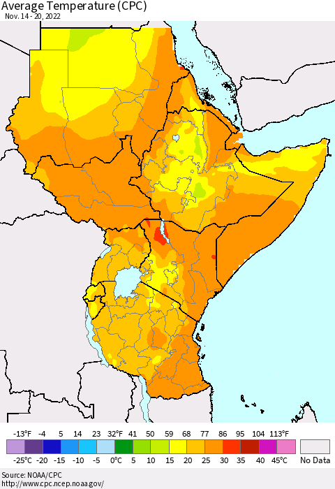 Eastern Africa Average Temperature (CPC) Thematic Map For 11/14/2022 - 11/20/2022