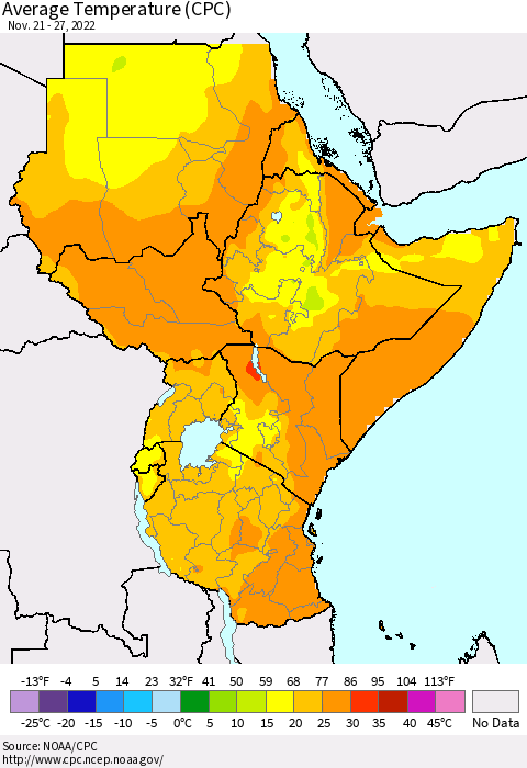 Eastern Africa Average Temperature (CPC) Thematic Map For 11/21/2022 - 11/27/2022