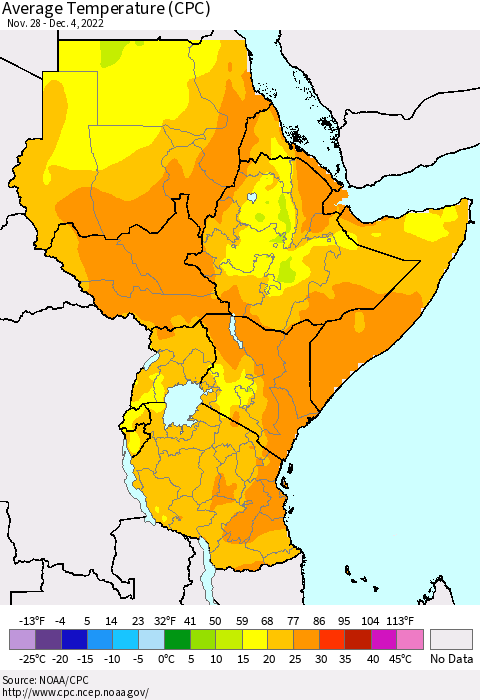 Eastern Africa Average Temperature (CPC) Thematic Map For 11/28/2022 - 12/4/2022