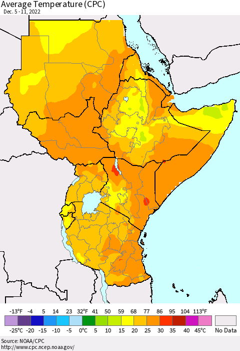 Eastern Africa Average Temperature (CPC) Thematic Map For 12/5/2022 - 12/11/2022