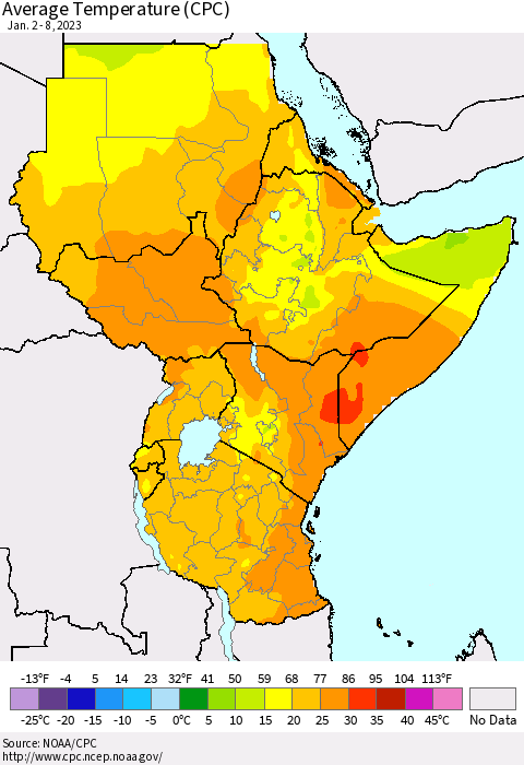 Eastern Africa Average Temperature (CPC) Thematic Map For 1/2/2023 - 1/8/2023