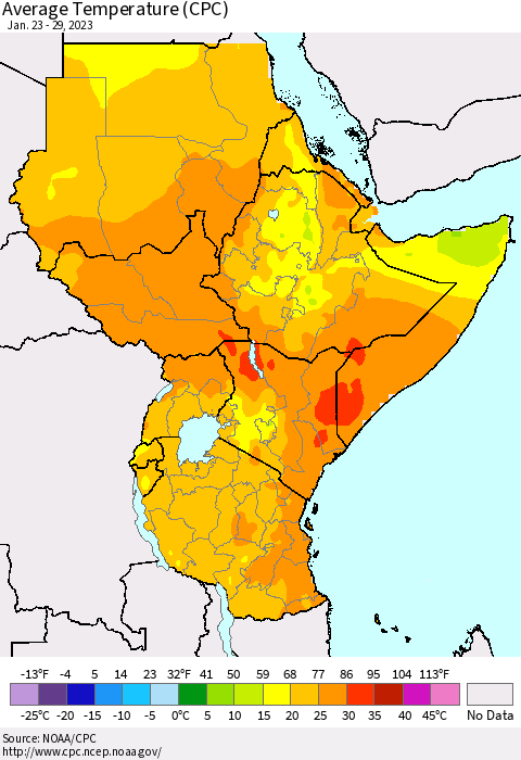 Eastern Africa Average Temperature (CPC) Thematic Map For 1/23/2023 - 1/29/2023