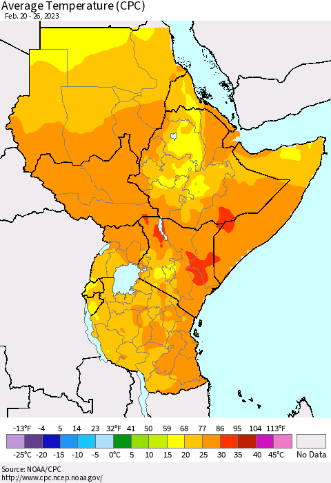 Eastern Africa Average Temperature (CPC) Thematic Map For 2/20/2023 - 2/26/2023