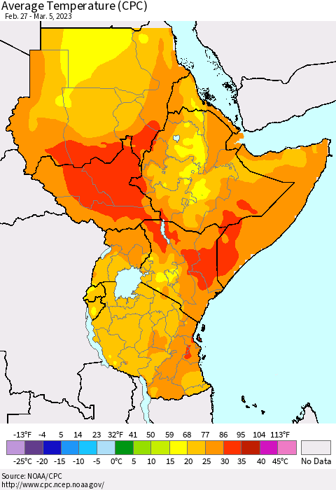 Eastern Africa Average Temperature (CPC) Thematic Map For 2/27/2023 - 3/5/2023