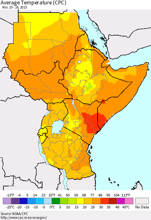 Eastern Africa Average Temperature (CPC) Thematic Map For 3/20/2023 - 3/26/2023