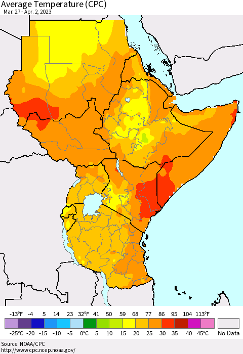 Eastern Africa Average Temperature (CPC) Thematic Map For 3/27/2023 - 4/2/2023