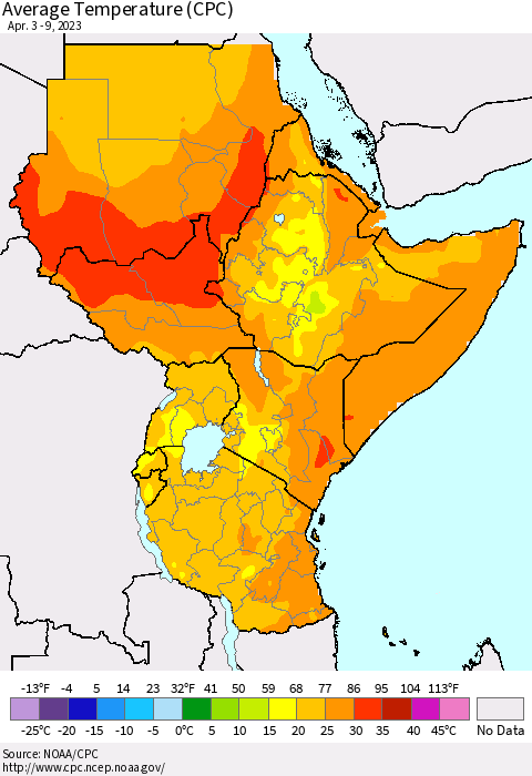 Eastern Africa Average Temperature (CPC) Thematic Map For 4/3/2023 - 4/9/2023