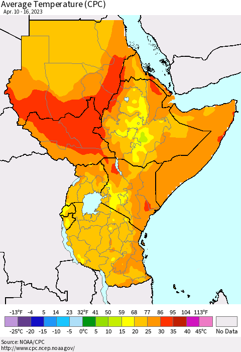 Eastern Africa Average Temperature (CPC) Thematic Map For 4/10/2023 - 4/16/2023