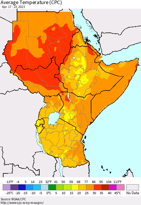 Eastern Africa Average Temperature (CPC) Thematic Map For 4/17/2023 - 4/23/2023