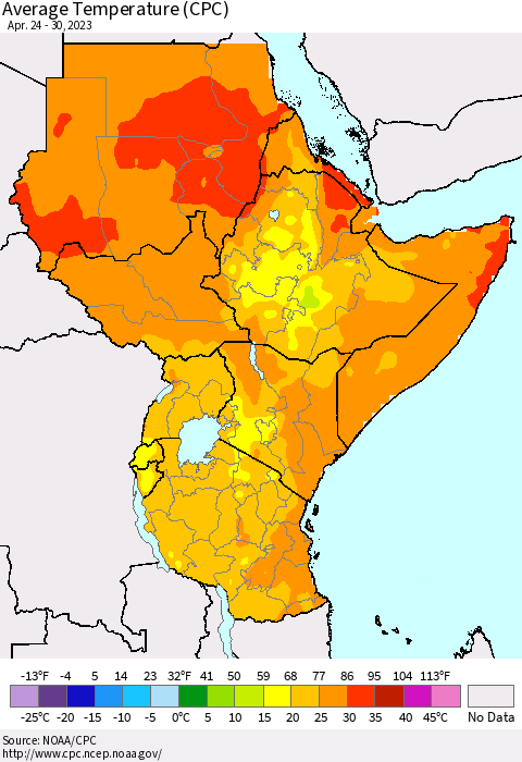 Eastern Africa Average Temperature (CPC) Thematic Map For 4/24/2023 - 4/30/2023
