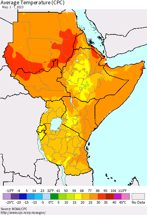 Eastern Africa Average Temperature (CPC) Thematic Map For 5/1/2023 - 5/7/2023