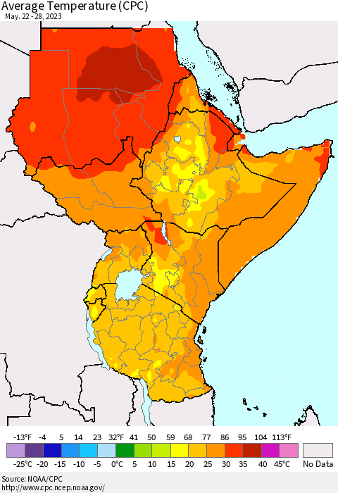 Eastern Africa Average Temperature (CPC) Thematic Map For 5/22/2023 - 5/28/2023
