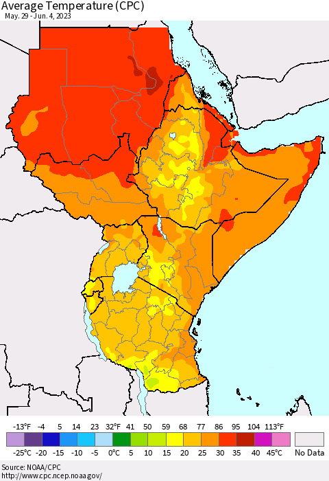 Eastern Africa Average Temperature (CPC) Thematic Map For 5/29/2023 - 6/4/2023
